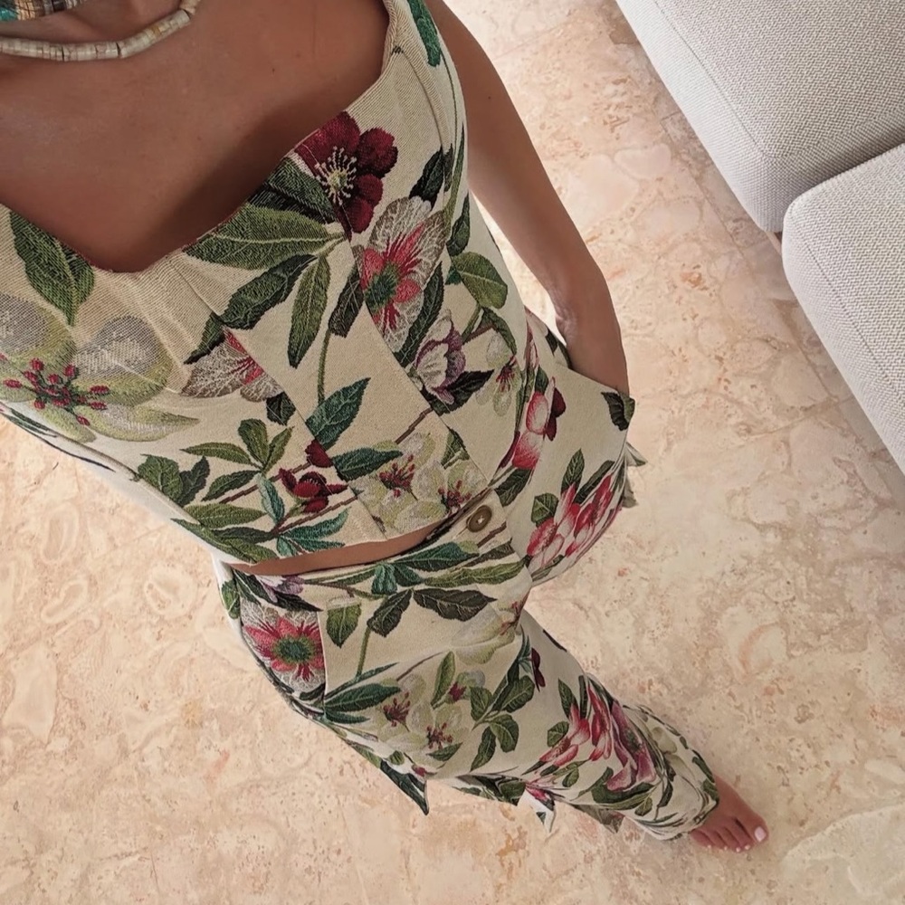 Carolina Sanz Cream and Green Botanical two piece Set